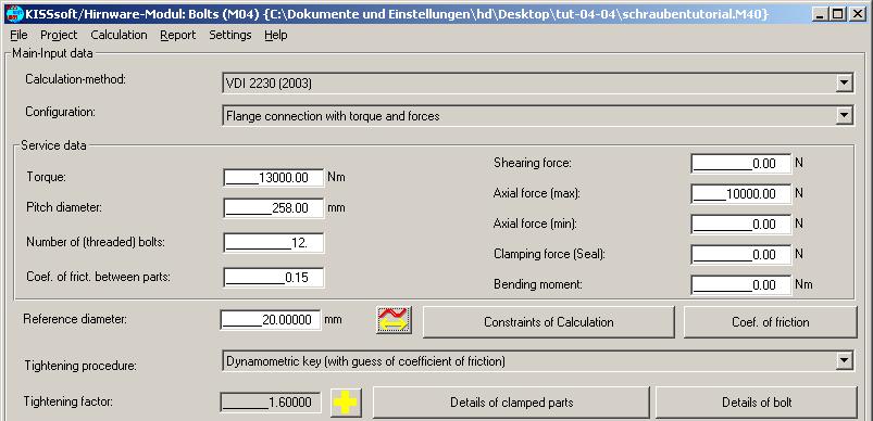 Figure 0-1 Using the sizing button will result in a proposal for the bolt diameter (based on VDI2230), here,