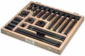 Clamping sets No. 6520 T-bolt set supplied in solid wooden case with lid. All items tempered to strength class 8, resp. 10. DIN 787 DIN 6379 DIN DIN No. DIN DIN Slot L x W x H Pcs.xLength Pcs.