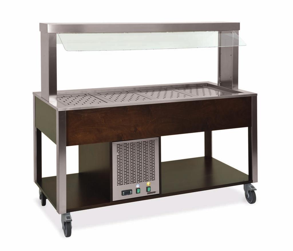 CHILLED BUFFET MOBILE COUNTERS WITH FIXED SNEEZE GUARD - FLUORESCENT LIGHTING 123 Item 6900.4-W+A20(x4) Item Finish GN Power Max dim. (cm) 6900.2-R Oak 2 x 1/1 335W 80x68x144 6900.