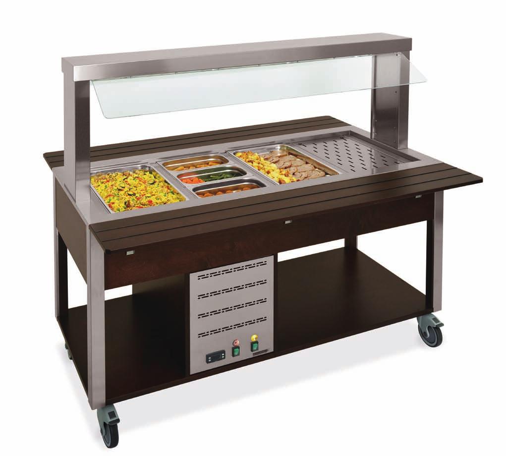 HOT BUFFET MOBILE COUNTERS WITH FIXED SNEEZE GUARD FLUORESCENT LIGHTING Item 6910.4-W + A124W(x2) + A20 + pans 127 Item Finish GN Power Max dim. (cm) 6910.2-R Oak 2 x 1/1 1213W 80x68x144 6910.