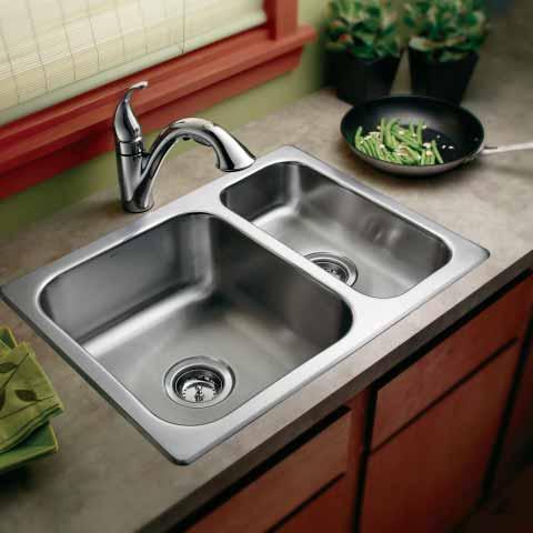 Drop-In Sinks Camelot double-bowl sink / 22234 Camerist single-handle pullout kitchen faucet / 7545C If you prefer the ease of installation afforded by a drop-in sink, Moen offers several models and