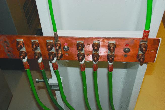Exhibit 250.16 Listed connectors used to connect the common grounding electrode conductor and individual taps to a centrally located copper busbar with a minimum dimension of 1 / 4 in. thick by 2 in.