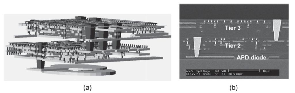 Figure 61: (a) Isometric Drawing of 3D-LADAR Pixel and (b) Cross-sectional View [139] Lincoln Labs used the integration method previously developed for imaging application, as described above, for