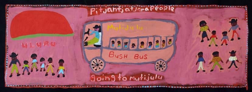 Image 2: Margaret Boko, Travelling on Bush Bus, 2010, 120 x 40 cms acrylic on canvas MB10C4206 (photograph: Tangentyere Artists; the artist and Tangentyere Artists 2010)