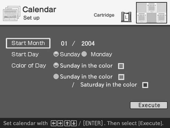 3Press the arrow (B/b/V/v) button to select Execute and then press ENTER. The calendar is displayed in the calendar area.