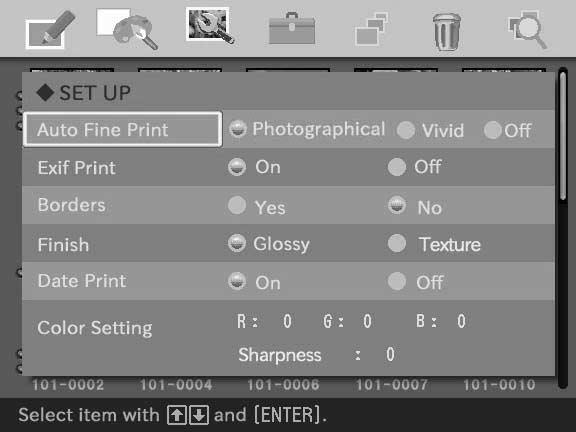 Changing the print settings (SET UP) The SET UP menu allows you to change various print settings listed on pages 61 and 62. 2 Press the arrow (B/b) button to select (SET UP) and then press ENTER.