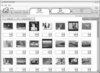 2 Click Photo Collection. 4 Click Print. The Print dialog box is displayed. 5 Select the photos that you want to print, set the number of copies to be printed for each photo, and then click Apply.