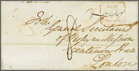 221 Corinphila Auction 23 November 2017 147 Stampless Mail View of Swan River ca. 1845 6469 6469 1847: Cover from Swan River to London, internally endorsed from the clergyman J.