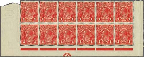 rose-red, an unused horizontal strip of three from lower right corner of the sheet with "JBC" monogram, third stamp with 'N' of ONE joined to frameline below (second State),