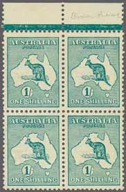 blue-green, Die II, a fine unused block of four, marginal from top of sheet, of excellent centering and colour, fourth stamp showing "Broken Frame above "L" of AUSTRALIA and "Acute Accent on "Í" of