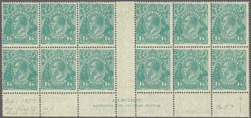 MULLETT imprint perforated through, second block with same imprint, fresh and fine, superb og. BW106z+BW106za = $ 700. 90 4* 250 ( 225) 1 s. 4 d. pale greenish blue, perf.