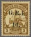 221 Corinphila Auction 23 November 2017 211 New Guinea Stamps of German New Guinea surcharged 1914, G.R.I and Value 6 mm apart German New Guinea Post Office Pos. 5A broken 'G' Pos.