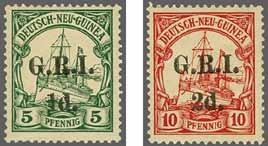 221 Corinphila Auction 23 November 2017 223 1914, Stamps Overprinted with the Postal Stationery 3½ mm. apart 6742 6742 1 d. on 5 pf. green and 2d. on 10 pf. carmine, unused examples with the 3½ mm.