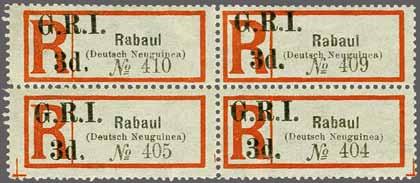 ' on Rabaul label (#867), Setting E, position 4, a fine used example tied to small piece by 'Stephansort' cds in black (Gibbs type 6), showing variety "No bracket before Deutsch- Neuguinea", fresh