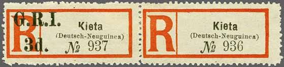 221 Corinphila Auction 23 November 2017 225 6749 6749 'GRI / 3d.' on Käwieng label (#972), Setting A, position 4, an unused example with 'Deutsch Neu-Guinea', variety "G.R.I. Surcharge Double", slightly blunted perforations at right, typical minor wrinkle, without gum.