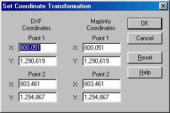 Trong cửa sổ Set Coordinate Transformation chúng ta nhận thấy có hai cột toạ độ. Cột bên trái là toạ độ X Max, X Min và Y Max, Y Min của dữ liệu ở dạng tập tin *.dxf.