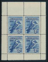 831 ** #95a 1928 3d deep blue Kookaburra Melbourne Exhibition, a mint never hinged pane of four with