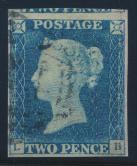 867 868 867 x870 #2 1840 2d blue Queen Victoria Imperforate, used with light cancel, from plate position LB, with four large to clear margins, showing part of next stamp at top, very fi ne.
