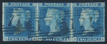 ... Scott U$2,250 869 #2 1840 2d blue Queen Victoria Imperforate, with two very fi ne copies, each with deep rich distinct colour, identifi ed by owner as plate 1 (red Maltese Cross cancel) and plate