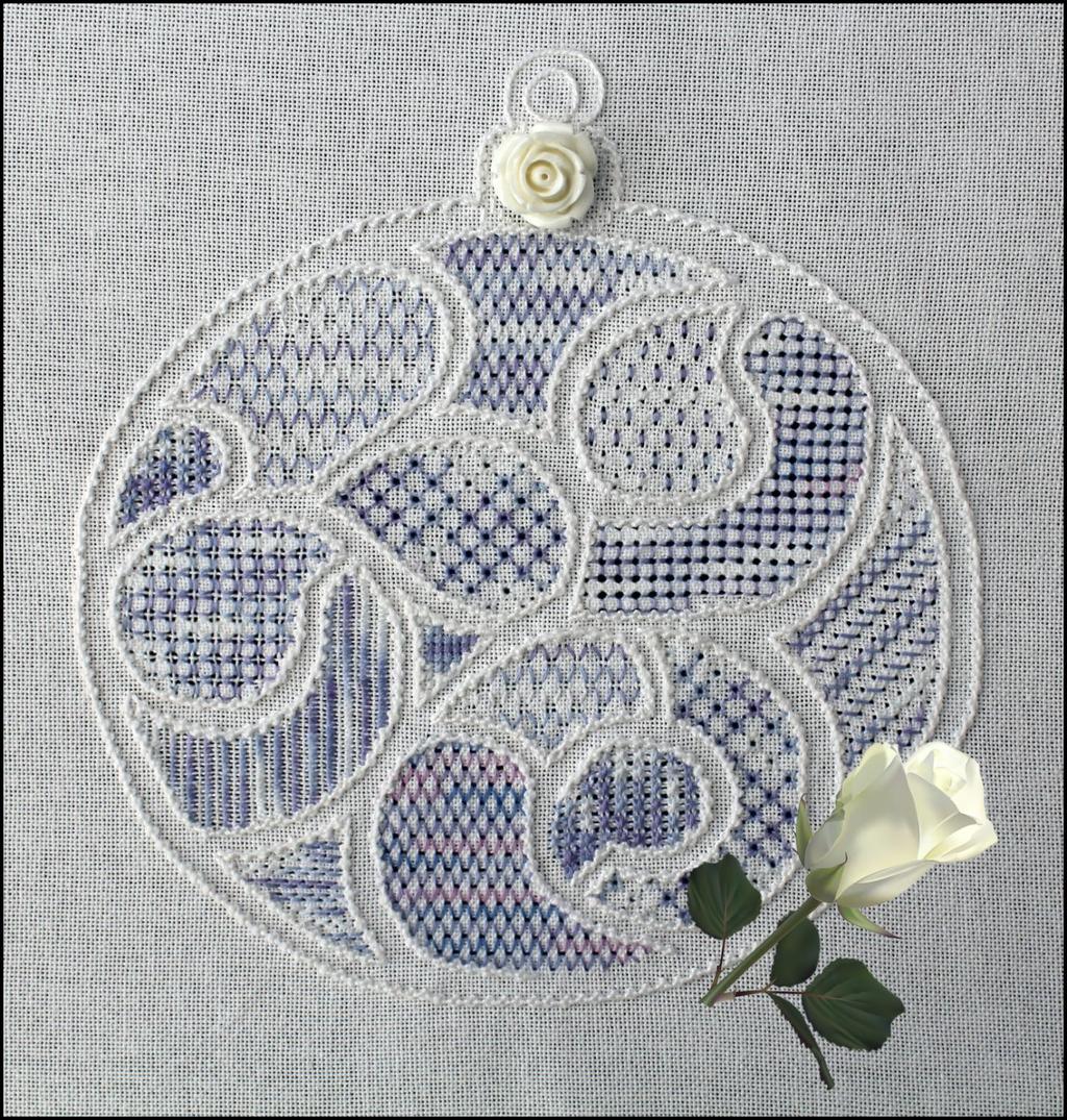 PR0034 Winter Treasure is a whitework and pulled thread embroidery sampler using eleven different stitches.