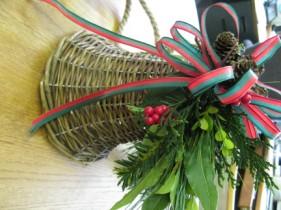 7th 1:30 pm Fresh greens, berries, ribbon and drieds of the season are used in the adorable woven wall basket to hang