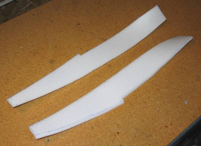 2. Next form the curvatures in the lower forward fuselage sides. Use a heat gun to gently heat and soften the foam and then bend them to the shapes shown.
