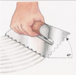 Improper bonding can cause loose or hollow spots. Step 2 Apply adhesive from the chalk line out 2 1/2 to 3 feet. Allow adhesive to flash as per the instructions affixed to the adhesive container.