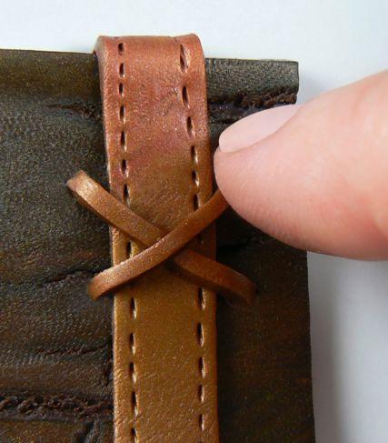 Bend the ends over the sides and press them onto the backside to make the leather strap ʻwrapʼ around.