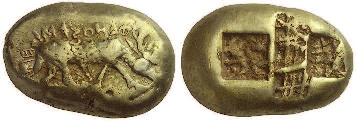Figure 12 Electrum stater with a grazing stag and inscription on the obverse and 3 punches on the reverse, 625 600 BC. Weight 14.10 grams.