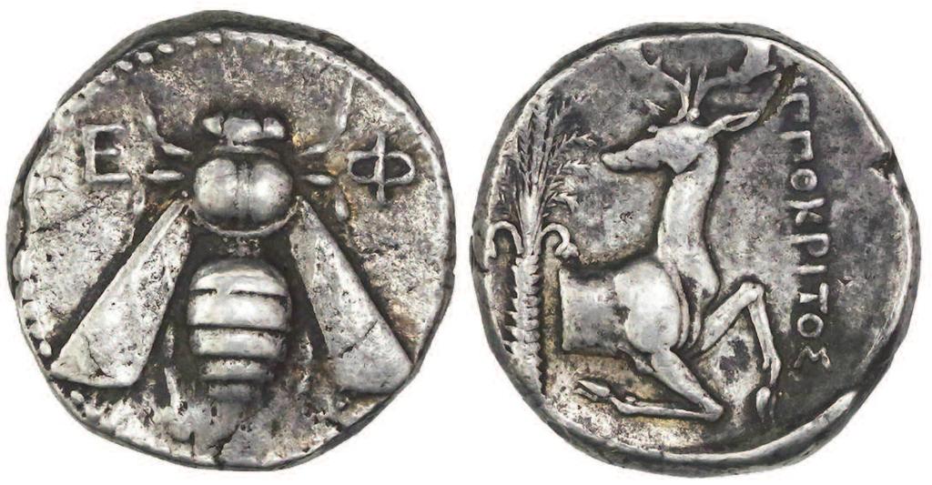 Figure 17 Silver tetradrachm with a bee and E Φ on the obverse, and on the reverse the forepart of a kneeling stag looking back, a palm tree and the magistrate s name. Weight 15.20 grams.