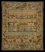 Anne s sampler, stitched when she was 10, displays characteristics found on Newport samplers, horizontal bands containing pictorial motifs and inscriptions, with wide floral borders along the sides