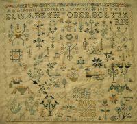 Right, Elisabeth Oberholtzerin-1817 ($150 35c w/ silk) is a Pennsylvania sampler stitched by Elisabeth in