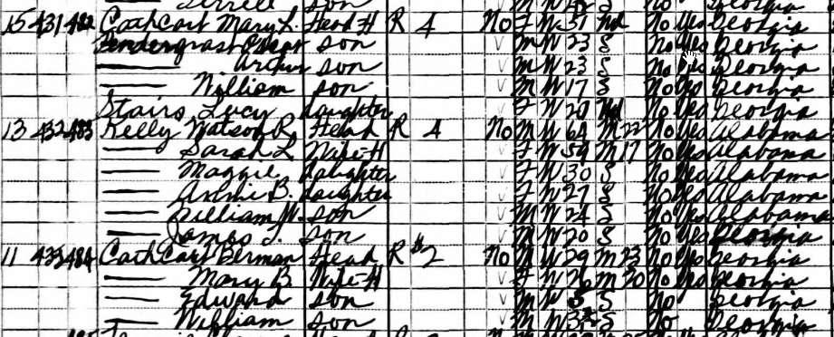 6 Perhaps the best indication that we have the correct family is the second son listed: 19-year-old "Berryman" T Cathcart (the same one who appears by himself on the next page of the family s 1910