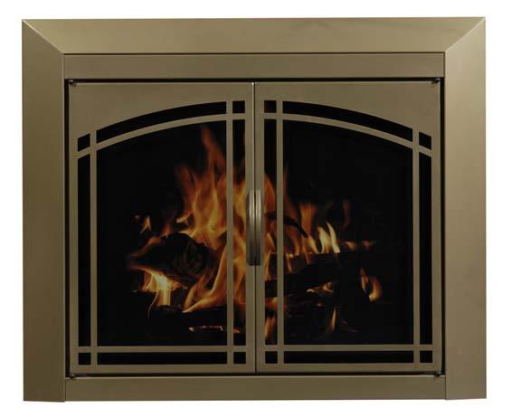 Distinctive arch design Cabinet doors with premium hinge Hidden damper control Easy-grip handles Matte black or Antique Brass finish 3 stock sizes cover 80% of existing masonry fireplaces 1 year