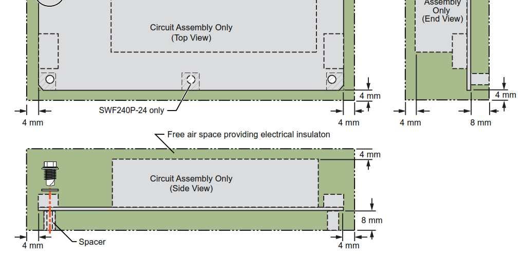 from an metal enclosure or mounting surface. The minimum clearance distances are shown in the diagram.