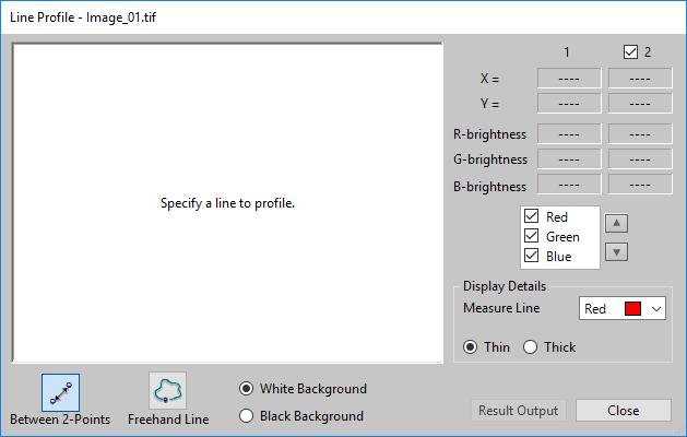 Specifying the line profile Measuring the brightness of a line 1 Select [Line Profile] from the [Measure] menu. The [Line Profile] dialog box appears.