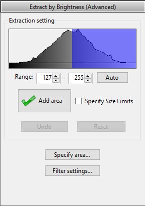Specifying the area using brightness extraction (detail mode) This section gives the procedure for selecting the extraction area by specifying the brightness in a histogram.