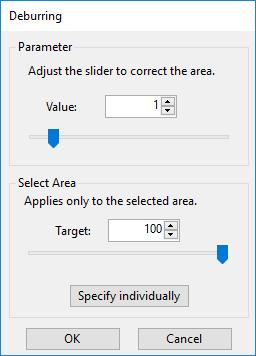 Deburring This deburrs any protrusions from cells in either the entire screen or the specified area. 1 Click the [Deburring] button in the [Details] tab in the shape adjustment area.