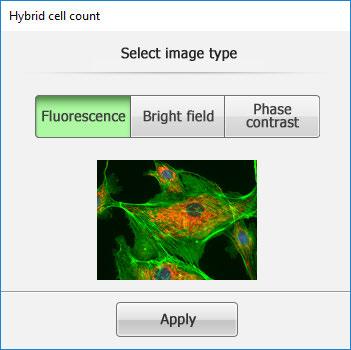 4 Select the image type and click the [Apply] button. A new image is displayed in the image display area in the [Hybrid cell count] window.