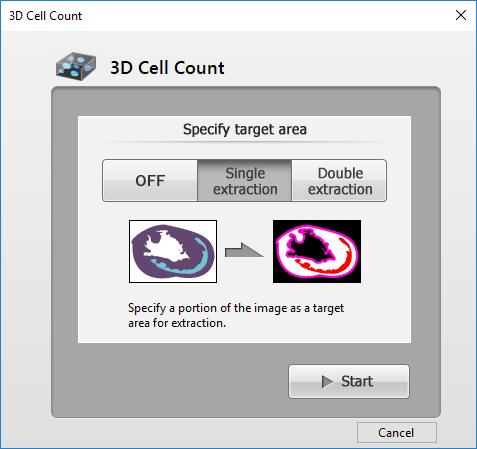In the case of counting by setting a target area If the measurement is performed by setting a target area, select [Single extraction] or [Double extraction] on the screen where the 3D cell count is