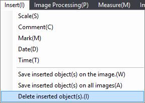 How to delete inserted objects Delete all the inserted scales and comments. 1 Select [Delete inserted object(s)] from the [Insert] menu. All the scales and comments are deleted from the image.