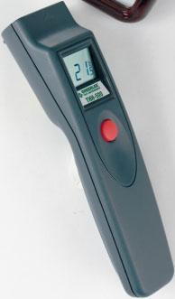 Display temperatures in either Celsius or Fahrenheit. Optional remote contact probe. (Cat. No. 07130) (1) 9V battery, carry case and wrist strap included.