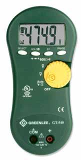 GT-540 also features: High impedance AC/DC voltage measurement capability for load-sensitive circuits. Capacitance measurement. Diode test. Low resistance range with fast continuity test.