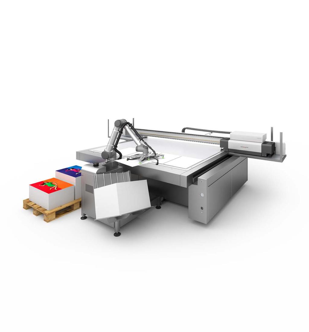 Rob The robot loads and unloads media onto swissqprint flatbed printers. Practically any sufficiently rigid material with a non-porous surface can be handled.