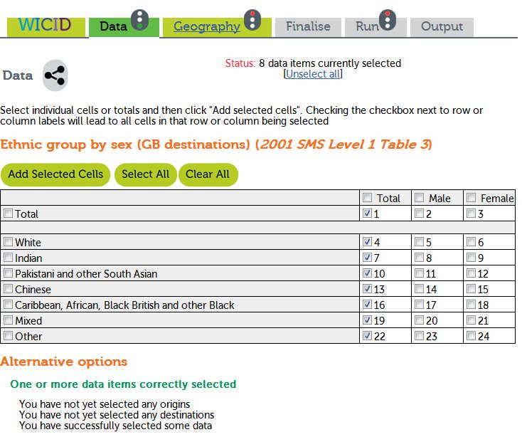 WICID: Data selection page User has begun to build a query by selecting counts of persons