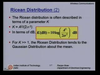(Refer Slide Time: 00:24:26 min) The Ricean distribution is often described in terms of a parameter K where K is A squared divided by 2 sigma squared.