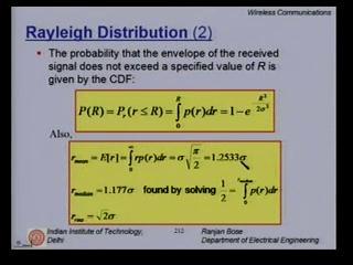 (Refer Slide Time: 00:17:01 min) The probability that the envelop of the received signal does not exceed a specified value of R is given by the cumulative distribution function CDF.