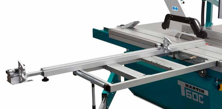 Basic features of the T60C : Cross-cut fence and cross-cut table: With two stop elements with individual adjustment Both stop elements with fine adjustment Can be extended up to 3220 mm Steel