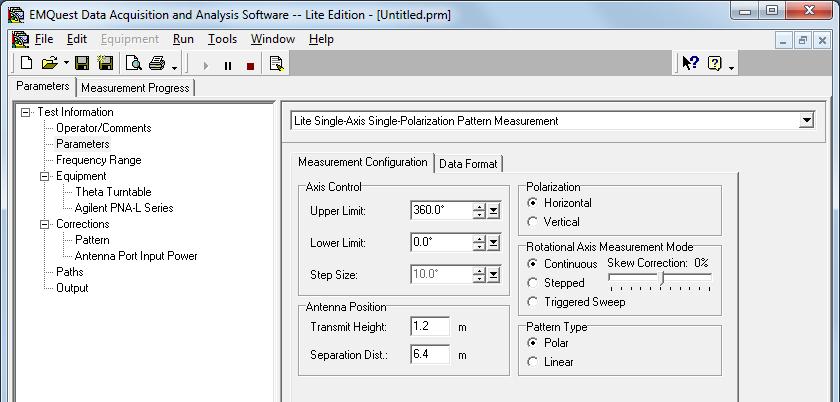 5. Select the Parameters pane, which is used to enter most of the required test parameters specific to this test.