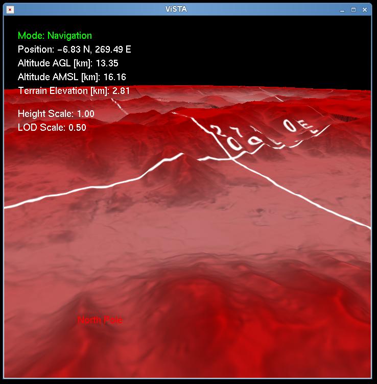 (a) 3392 km above ground (b) 13 km above ground Figure 6: MarsVis screenshots Digital Terrain Model A preprocessed DTM is used to store and access the massive amount of terrain data.